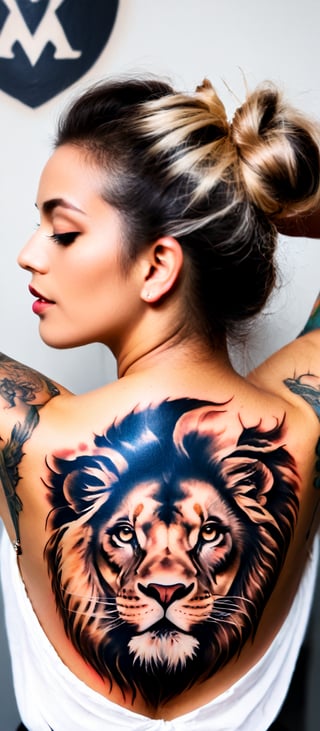 Generate hyper realistic image of a woman with a remarkable and powerful tattoo design on her back. The woman is shown from behind, with her head turned slightly to the side, giving a partial view of her profile. Her arms are raised and resting on her shoulders, emphasizing the back tattoo. The tattoo is a striking and artistic composition, combining a majestic lion's face with two cubs. The lion's face is detailed and realistic, with expressive eyes and a flowing mane that blends seamlessly into the woman's skin. The lions cubs are prominently positioned, one at the top of the tattoo near her neck and the other overlapping the lion's face. The woman's hair is styled in a simple, loose bun, allowing the tattoo to be fully visible. The background is neutral and unobtrusive.