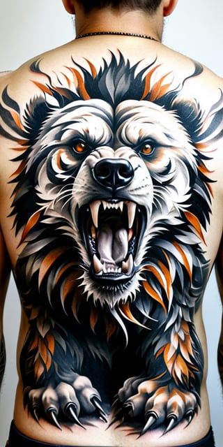 Generate hyper realistic tattoo on a man's back with a fierce grizzly bear, captured in a highly detailed, black-and-white, photorealistic style. The bear's mouth is open in a roar, showing its sharp teeth and the inside of its mouth, which adds to the aggressive and powerful impression. The eyes are intense and focused, conveying a sense of ferocity. The front paw of the bear is raised and extended forward, with long, sharp claws clearly visible. This positioning suggests an attack stance, adding to the action and intensity of the image. The fur of the bear is intricately detailed, with individual strands and varying shades of gray to create depth and realism. The texture of the fur contrasts with the smooth, dark areas of the mouth and nose. The background is abstract and blurry, composed of various shades of gray and white that suggest motion or a natural environment, like a forest.