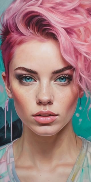Generate hyper realistic image of  a young woman with vibrant, unconventional hair colors like shades of pastel pink and teal, expressing her artistic spirit while painting in an eclectic urban art studio filled with vibrant canvases.Extremely Realistic, up close, 