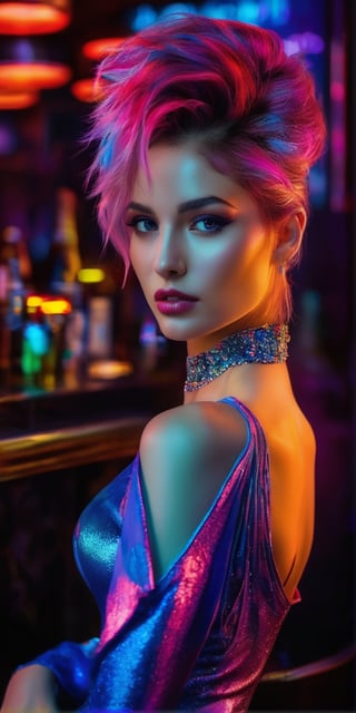 Generate hyper realistic image of a woman with a sapphire-hued, unique hairstyle, wearing a heartbreaker dress, captivating the night in a neon-lit bar. Capture her allure as she stands out in the vibrant, electrifying atmosphere.