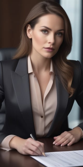 Generate hyper realistic image of  a woman in a refined boardroom ensemble—elegant blazer, silk blouse, and pencil skirt—her eyes reflecting strategic thinking and leadership during a high-stakes business meeting.((upper body))