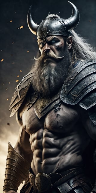  Create a hyper realistic viking in berserker mode fighting enemies.Fierce, strong , fast  grey hairs and beard , war paintings , viking armor with fur .Jigh detailed ,sharp focus, dramatic lighting, dark colours, battlefield of norse.,Movie Still