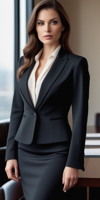 Generate hyper realistic image of  a woman in a refined boardroom ensemble—elegant blazer, silk blouse, and pencil skirt—her eyes reflecting strategic thinking and leadership during a high-stakes business meeting.((upper body))