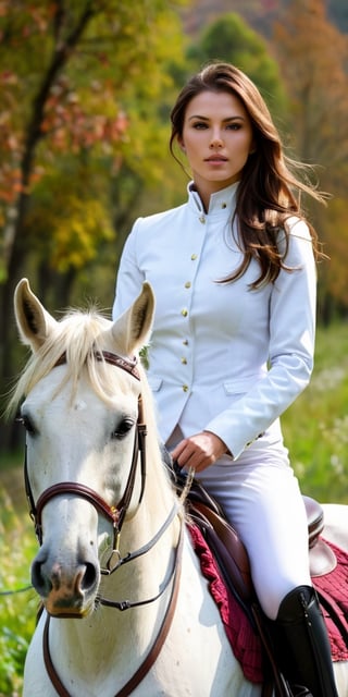 Generate hyper realistic image of a countryside horseback riding adventure for an active photoshoot. Dress the lady in riding attire and capture the thrill of exploring nature on horseback.up close,Extremely Realistic,masterpiece