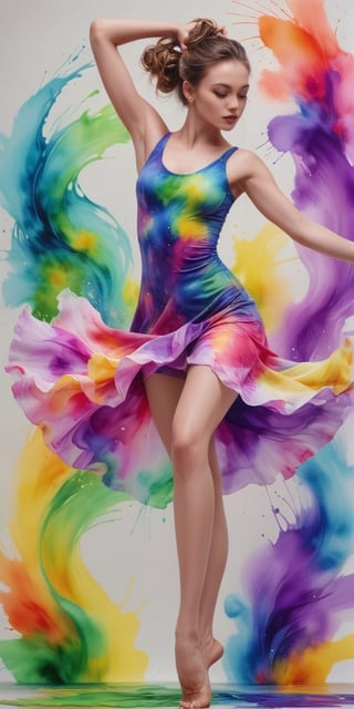 Generate hyper realistic image of the fluidity of dance in an abstract watercolor-themed photoshoot. Capture the lady in dynamic dance poses amid splashes of vibrant watercolors, creating a visually stunning and artistic scene.up close,Extremely Realistic,<lora:659095807385103906:1.0>