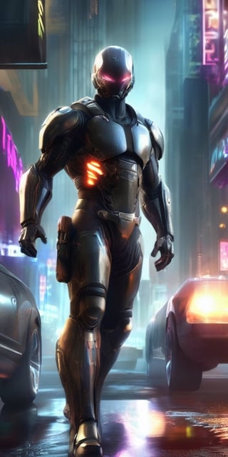Generate hyper realistic image of a cyberpunk city where a fearless mercenary, with cybernetic enhancements and a reputation for being unstoppable, takes on dangerous missions to survive in a dystopian society. They are a force to be reckoned with, combining their combat skills and advanced technology to overcome any obstacle.