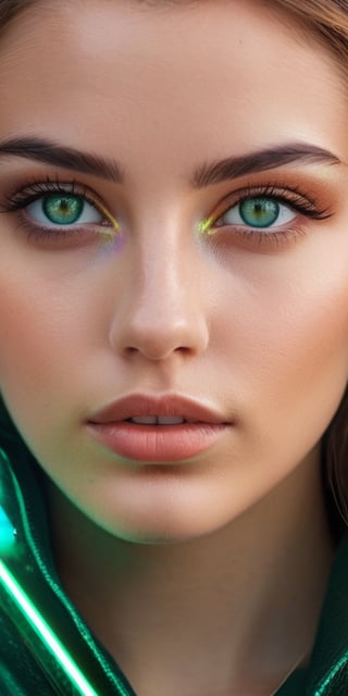 Generate hyper realistic image of a distinctive 18-year-old woman with striking heterochromia, one eye a rich amber hue and the other a deep emerald green, standing amidst a futuristic urban landscape with holographic billboards and sleek architecture.Extremely Realistic, up close, 
