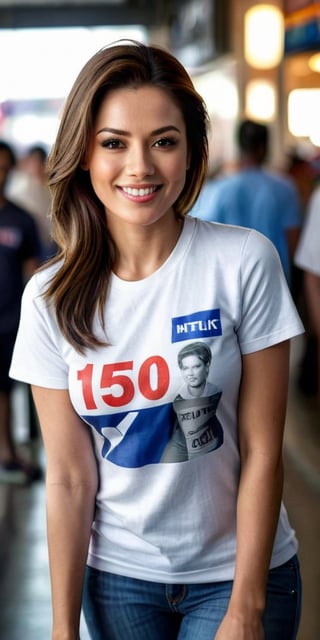 Generate hyper realistic image of a stunningly beautiful woman as she stands near the viewer, her captivating smile lighting up the scene, while proudly wearing a t-shirt that showcases the extraordinary achievement of '150k,' symbolizing her hard work and determination.