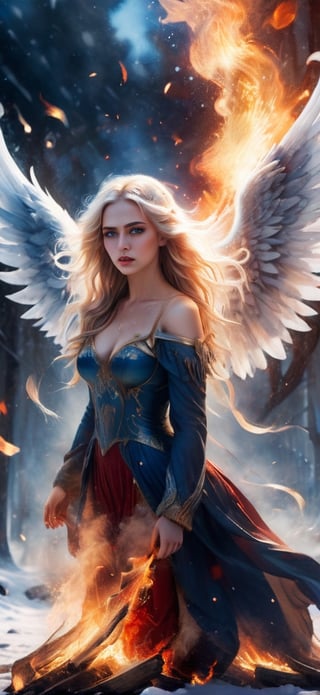  create a beautiful female angel falling down from the sky. sad expression,fire wings, wings wide open, snow white long hair, messy hair, wings made out of fire , hopeful expression,blue eyes, red lips, realistic, photo r3al,more detail XL,IMGFIX,AngelicStyle,fire element