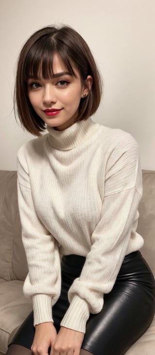 Generate hyper realistic image of a woman with short red hair styled in a bob cut with blunt bangs, looking at the viewer with blue eyes and a closed mouth. She is sitting with her head tilted slightly, her own hands together on her lap, wearing a white turtleneck sweater paired with a black high-waist pencil skirt. She has on shiny red pantyhose and shiny makeup, including pink lips and clear skin. She is smiling subtly, her nose and red lips highlighted by her makeup, her outfit completed by a black sweater over her turtleneck.