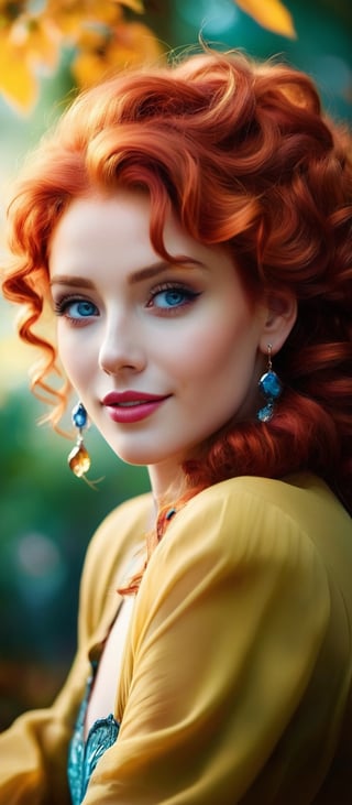 Generate hyper realistic image of a moment frozen in time, where a beguiling woman, her red hair a fiery cascade of curls, shares a knowing smile with the viewer. Her piercing blue eyes twinkle with mischief as she lounges against a backdrop of blurred foliage. Adorned with subtle earrings that catch the light, she embodies a natural beauty, her lips parted in a playful expression, her head tilted in coy invitation, sleeves grazing past her wrists in a relaxed gesture.