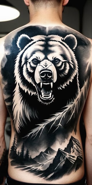 Generate hyper realistic tattoo on a man's back with a fierce grizzly bear, captured in a highly detailed, black-and-white, photorealistic style. The bear's mouth is open in a roar, showing its sharp teeth and the inside of its mouth, which adds to the aggressive and powerful impression. The eyes are intense and focused, conveying a sense of ferocity. The front paw of the bear is raised and extended forward, with long, sharp claws clearly visible. This positioning suggests an attack stance, adding to the action and intensity of the image. The fur of the bear is intricately detailed, with individual strands and varying shades of gray to create depth and realism. The texture of the fur contrasts with the smooth, dark areas of the mouth and nose. The background is abstract and blurry, composed of various shades of gray and white that suggest motion or a natural environment, like a forest.,FuturEvoLabTattoo,Andrew