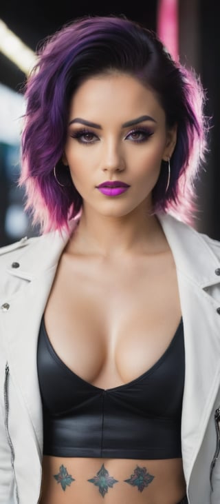 Generate hyper realistic image of a woman with an eye-catching and striking appearance. She has has long, flowing hair in a vivid purple shade, which cascades down her shoulders and back. She has a confident and composed expression, with makeup that accentuates her eyes and lips. Her eye makeup is dark and dramatic, She is wearing cross earrings and other ear piercings. She is wearing a white crop top that reveals her midriff, highlighting more tattoos on her chest and stomach. Over the crop top, she has a white jacket, worn open, which contrasts with her dark and vibrant hair and tattoos. The lighting casts a pink glow on her, enhancing the vividness of her hair and the details of her tattoos.