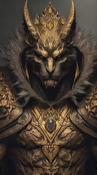 Create a realistic photo of Prince of hell Mammon appears as a wolf-like demon of wealth, especially given that wolves would be associated with greed in the Middle Ages. Mammon's skin appeared to be entirely made of a golden material but with several black scorched marks.Sharp focus, high detailed ,background of hell.