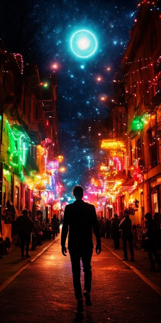 create a image of cosmic entity walking on new erth , surrounded by colourful lights,, dark energy, bloody, fierce,   ,xyzabcplanets,horror (theme)