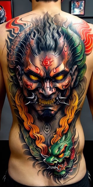 Generate hyper realistic image of a  a man with back to the viewer. He has full back tattoo on his wide back. Tattoo is a menacing traditional Japanese oni masks  with demon details, combined with the presence of a coiled serpent.The mask has a fierce and ominous expression, characterized by deep-set, hollow eyes, a prominent nose, and a wide-open mouth revealing sharp fangs. The mask's surface is detailed with flowing lines and shading that give it a three-dimensional, sculpted appearance. The presence of horns on the mask enhances its demonic and intimidating look.A snake is intertwined with the mask, wrapping around it in a sinuous, fluid motion. The snake's scales are meticulously detailed, creating a realistic texture. The serpent’s head emerges from the top of the mask, with its mouth open, displaying its fangs and forked tongue.,tattoo,FuturEvoLabTattoo,GlowingTat,tag score,oni style