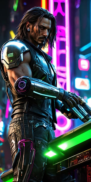 Generate hyper realistic image of a cyberpunk version of Johnny Silverhand, featuring augmented cybernetic enhancements, a luminous silver cyber arm, and a rebellious demeanor. Set against the backdrop of a neon-lit dystopian cityscape, capturing the essence of a digital rebel icon.