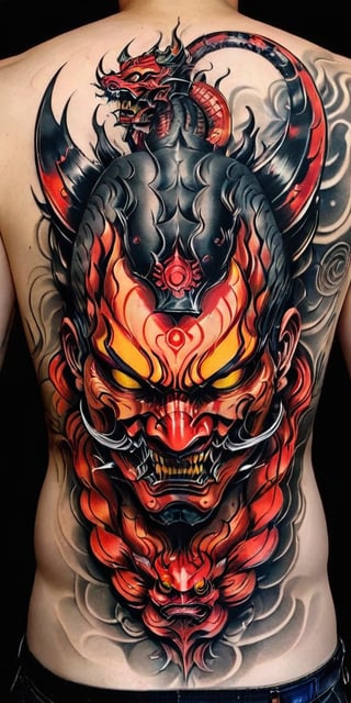 Generate hyper realistic image of a  a man with back to the viewer. He has full back tattoo on his wide back. Tattoo is a menacing traditional Japanese oni masks  with demon details, combined with the presence of a coiled serpent.The mask has a fierce and ominous expression, characterized by deep-set, hollow eyes, a prominent nose, and a wide-open mouth revealing sharp fangs. The mask's surface is detailed with flowing lines and shading that give it a three-dimensional, sculpted appearance. The presence of horns on the mask enhances its demonic and intimidating look.A snake is intertwined with the mask, wrapping around it in a sinuous, fluid motion. The snake's scales are meticulously detailed, creating a realistic texture. The serpent’s head emerges from the top of the mask, with its mouth open, displaying its fangs and forked tongue.,tattoo,FuturEvoLabTattoo,GlowingTat,tag score,oni style