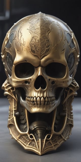Generate hyper realistic image of the engraved alien skull is a mesmerizing artifact that captivates all who lay eyes upon it. Crafted from an unknown, otherworldly material, the skull possesses an ethereal quality that seems to shimmer and glow with an otherworldly luminescence. Its surface is smooth and polished, with a slight iridescence that hints at its extraterrestrial origin.