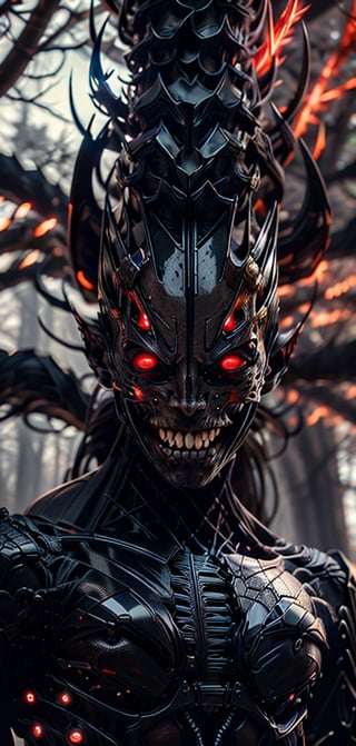 create mutated bio allien attacking people. huge , enrage , red eyes. dark red aura,big teeth ,in the woods. ,perfecteyes,Realistic,Character