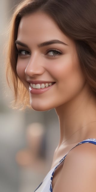 Generate hyper realistic image of a beautiful woman radiating a warm smile, her short brown hair casually styled with a few strands gracefully falling over one eye. The realistic details highlight the nuances of her lips and subtle makeup, capturing the charm of her grin. This prompt aims to convey the everyday beauty and genuine happiness in a simple yet realistic portrayal.