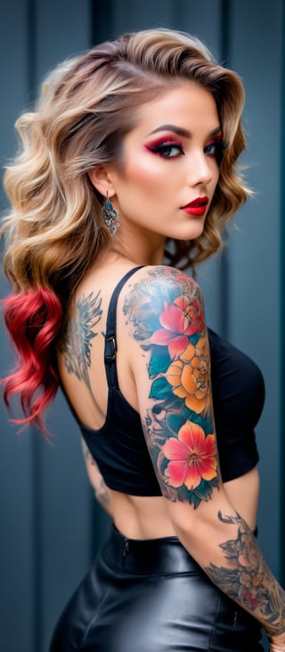 Generate hyper realistic image of a woman posing in an eye-catching outfit with a prominent tattoo. The woman has long, light brown hair styled in loose waves, cascading down her back and over her shoulders. Her makeup is striking, with a focus on her eyes, which enhanced with bold eyeliner. Her lips are painted red. She is looking over her shoulder directly at the camera. The woman has an elaborate tattoo covering her right arm and extending onto her back. The tattoo features includes floral and mythical elements, with vibrant colors such as teal and shades of red and brown. She is wearing a black, shiny, leather-like top that is cropped, exposing her midriff. The top has long sleeves. 