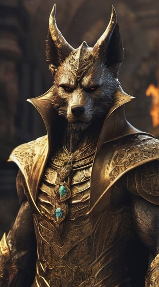 Create a realistic photo of Prince of hell Mammon appears as a wolf-like demon of wealth, especially given that wolves would be associated with greed in the Middle Ages. Mammon's skin appeared to be entirely made of a golden material but with several black scorched marks.Sharp focus, high detailed ,background of hell.