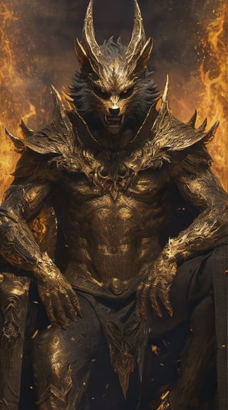 Create a realistic photo of Prince of hell Mammon appears as a wolf-like demon of wealth, especially given that wolves would be associated with greed in the Middle Ages. Mammon's skin appeared to be entirely made of a golden material but with several black scorched marks.Sharp focus, high detailed ,background of hell.