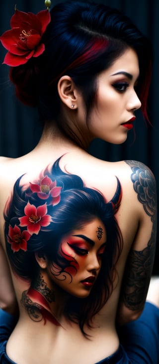 Generate hyper realistic image of a woman with an intricate and vibrant full-back tattoo. The woman is shown from behind, seated and leaning slightly to one side, allowing a clear view of her entire back. Her hair is straight and dark, falling around her shoulders. The tattoo covers her entire back. The central feature of the tattoo is a large Hannya mask. The mask has a fierce, angry expression with sharp teeth, depicted in vivid red and contrasting dark shades. The tattoo features rich, deep colors with intricate shading. he woman's hair is straight and dark, and it frames the tattoo. 