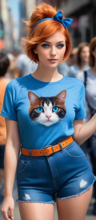 Generate hyper realistic image of a beautiful woman stands out in the crowd with her striking orange hair and enchanting blue eyes. Her short hair complements her curvy silhouette as she meets your gaze with a subtle smile, the animal ear fluff of her unique cat ears adding a touch of whimsy to her appearance. Dressed in a snug shirt and fashionable shorts cinched with a belt, she radiates confidence and allure