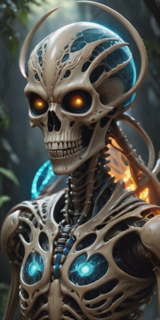 Generate hyper realistic image of  the skeletal alien is adorned with glowing, ethereal eyes that radiate a sense of ancient wisdom. Its jaw, lined with rows of sharp, serrated teeth, hints at its predatory nature and the primal instincts that lie beneath its enigmatic facade. From its skeletal fingertips extend tendrils of energy, weaving and pulsating with vibrant hues, as the alien manipulates the cosmic forces around it.
