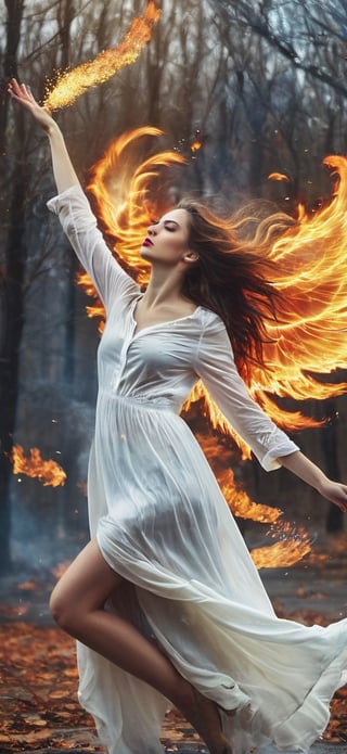  create a beautiful female angel falling down from the heaven. sad expression,fire wings, wings wide open, snow white long hair, messy hair, wings made out of fire , hopeful expression,blue eyes, red lips, realistic,fire element,flmngprsn,AngelicStyle,photo r3al,more detail XL,composed of fire elements