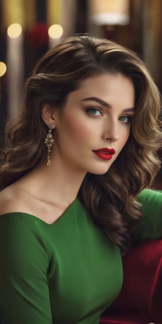 Generate hyper realistic image of a stunning woman with cascading dark chocolate waves, framed by delicate earrings. Her beautiful green eyes sparkle with warmth, complemented by a cute nose and blood-red lips. Dressed in designer November clothing, she exudes sophistication and charm, set in the cozy ambiance of a warmly lit living room.