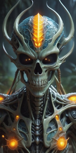 Generate hyper realistic image of  the skeletal alien is adorned with glowing, ethereal eyes that radiate a sense of ancient wisdom. Its jaw, lined with rows of sharp, serrated teeth, hints at its predatory nature and the primal instincts that lie beneath its enigmatic facade. From its skeletal fingertips extend tendrils of energy, weaving and pulsating with vibrant hues, as the alien manipulates the cosmic forces around it.