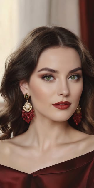 Generate hyper realistic image of a stunning woman with cascading dark chocolate waves, framed by delicate earrings. Her beautiful green eyes sparkle with warmth, complemented by a cute nose and blood-red lips. Dressed in designer November clothing, she exudes sophistication and charm, set in the cozy ambiance of a warmly lit living room.