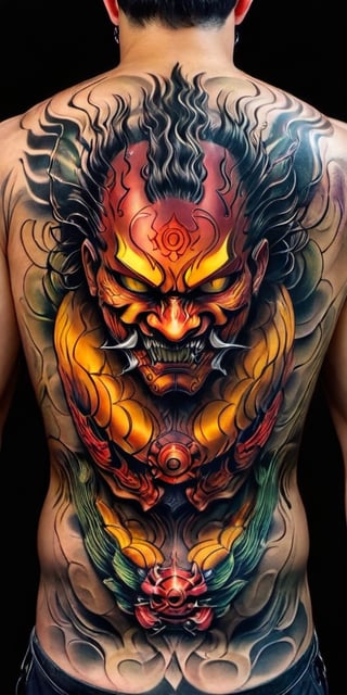 Generate hyper realistic image of a  a man with back to the viewer. He has full back tattoo on his wide back. Tattoo is a menacing traditional Japanese oni masks  with demon details, combined with the presence of a coiled serpent.The mask has a fierce and ominous expression, characterized by deep-set, hollow eyes, a prominent nose, and a wide-open mouth revealing sharp fangs. The mask's surface is detailed with flowing lines and shading that give it a three-dimensional, sculpted appearance. The presence of horns on the mask enhances its demonic and intimidating look.A snake is intertwined with the mask, wrapping around it in a sinuous, fluid motion. The snake's scales are meticulously detailed, creating a realistic texture. The serpent’s head emerges from the top of the mask, with its mouth open, displaying its fangs and forked tongue.,tattoo,FuturEvoLabTattoo,GlowingTat,tag score,oni style