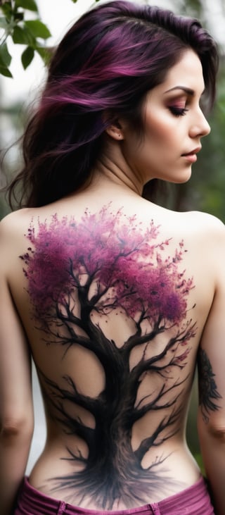 Generate hyper realistic image of a woman with an intricate and vibrant full-back tattoo. The woman is shown from behind, standing, allowing a clear view of her entire back. Her hair is straight and purple, falling around her shoulders. The tattoo covers her entire back. The central feature of the tattoo is a tree trunk and branches are intricately detailed with rich, dark brown shades. The branches extend gracefully across the skin, spreading out in an organic and natural pattern. The flowers are depicted in various shades of pink, from deep magenta to soft pastel hues. Each blossom is carefully crafted, with delicate petals and subtle shading. urrounding the tree and blossoms are scattered petals and leaves.