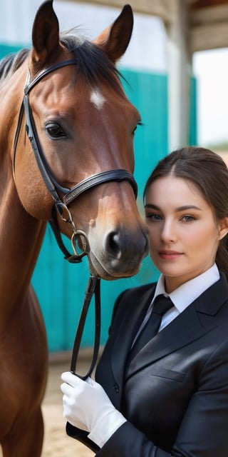 Generate hyper realistic image of an equestrian center horse grooming session. Dress the lady in equestrian attire and capture the bond between her and the majestic horse.up close,Extremely Realistic,masterpiece