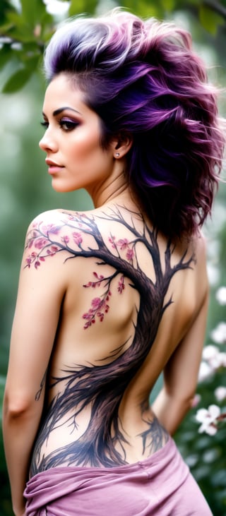 Generate hyper realistic image of a woman with an intricate and vibrant full-back tattoo. The woman is shown from behind, standing, allowing a clear view of her entire back. Her hair is straight and purple, falling around her shoulders. The tattoo covers her entire back. The central feature of the tattoo is a tree trunk and branches are intricately detailed with rich, dark brown shades. The branches extend gracefully across the skin, spreading out in an organic and natural pattern. The flowers are depicted in various shades of pink, from deep magenta to soft pastel hues. Each blossom is carefully crafted, with delicate petals and subtle shading. urrounding the tree and blossoms are scattered petals and leaves.