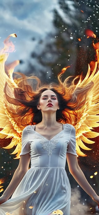  create a beautiful female angel falling down from the heaven. sad expression,fire wings, wings wide open, snow white long hair, messy hair, wings made out of fire , hopeful expression,blue eyes, red lips, realistic,fire element,flmngprsn,AngelicStyle,photo r3al,more detail XL,composed of fire elements