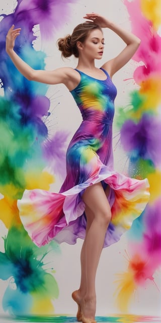 Generate hyper realistic image of the fluidity of dance in an abstract watercolor-themed photoshoot. Capture the lady in dynamic dance poses amid splashes of vibrant watercolors, creating a visually stunning and artistic scene.up close,Extremely Realistic,<lora:659095807385103906:1.0>