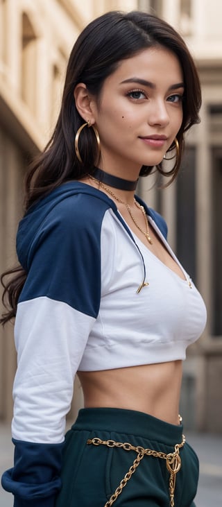 Generate hyper realistic image of a woman with extremely long, multicolored hair flowing down her back, blue eyes, and a radiant smile. She is dressed in a cropped hoodie with a hood up, revealing her midriff and complemented by fishnets and pants. Long sleeves cover part of her hands, and she wears a necklace, hoop earrings, and a choker. Her clear skin and slight head tilt give her a captivating presence. A small mole above her lips adds a touch of uniqueness to her look.