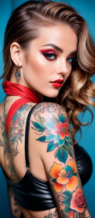 Generate hyper realistic image of a woman posing in an eye-catching outfit with a prominent tattoo. The woman has long, light brown hair styled in loose waves, cascading down her back and over her shoulders. Her makeup is striking, with a focus on her eyes, which enhanced with bold eyeliner. Her lips are painted red. She is looking over her shoulder directly at the camera. The woman has an elaborate tattoo covering her right arm and extending onto her back. The tattoo features includes floral and mythical elements, with vibrant colors such as teal and shades of red and brown. She is wearing a black, shiny, leather-like top that is cropped, exposing her midriff. The top has long sleeves. 