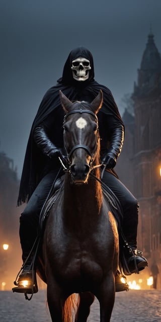 create a hyper realistic image of Death rider on horse riding in old city, skull face , wearing black cloack , flaming body , zombified horse, dark mood, pitch black night , illuminited by old street lamps.,.highly detailed . high_resolution, highly detailed, sharp focus.8k,NightmareFlame