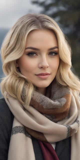 Generate hyper realistic image of a beautiful woman surrounded by nature, her blonde hair cascading down. With a cute nose and an innocent smile, she dons November designer attire, featuring a large scarf to keep her warm. The dark makeup adds a touch of sophistication to the cozy, outdoor scene.