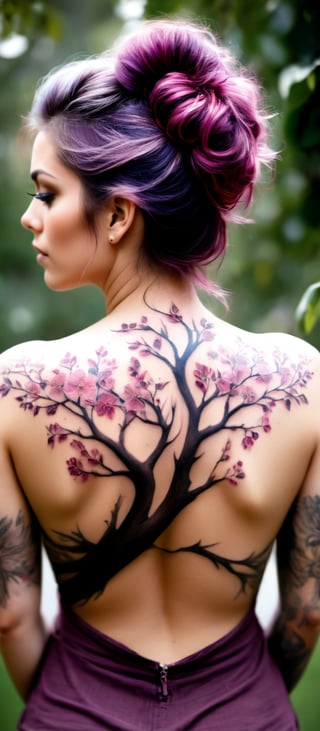 Generate hyper realistic image of a woman with an intricate and vibrant full-back tattoo. The woman is shown from behind, standing, allowing a clear view of her entire back. Her hair is straight and purple, falling around her shoulders. The tattoo covers her entire back. The central feature of the tattoo is a tree trunk and branches are intricately detailed with rich, dark brown shades. The branches extend gracefully across the skin, spreading out in an organic and natural pattern. The flowers are depicted in various shades of pink, from deep magenta to soft pastel hues. Each blossom is carefully crafted, with delicate petals and subtle shading. urrounding the tree and blossoms are scattered petals and leaves.