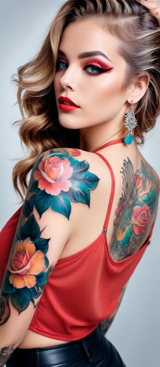 Generate hyper realistic image of a woman posing in an eye-catching outfit with a prominent tattoo. The woman has long, light brown hair styled in loose waves, cascading down her back and over her shoulders. Her makeup is striking, with a focus on her eyes, which enhanced with bold eyeliner. Her lips are painted red. She is looking over her shoulder directly at the camera. The woman has an elaborate tattoo covering her right arm and extending onto her back. The tattoo features includes floral and mythical elements, with vibrant colors such as teal and shades of red and brown. She is wearing a black, shiny, leather-like top that is cropped, exposing her midriff. The top has long sleeves. 