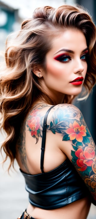 Generate hyper realistic image of a woman posing in an eye-catching outfit with a prominent tattoo. The woman has long, light brown hair styled in loose waves, cascading down her back and over her shoulders. Her makeup is striking, with a focus on her eyes, which enhanced with bold eyeliner. Her lips are painted red. She is looking over her shoulder directly at the camera. The woman has an elaborate tattoo covering her right arm and extending onto her back. The tattoo features includes floral and mythical elements, with vibrant colors such as teal and shades of red and brown. She is wearing a black, shiny, leather-like top that is cropped, exposing her midriff. The top has long sleeves. 