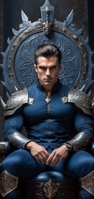 create a beautiful dark age  king, fierce, dominating,elegant, intelegent, short hair, athletic, dark hair, blue eys, tall, sitting in his throne, looking down on the viewer.