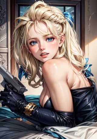 (masterpiece, best quality), ultra-detailed, glow, (depth of field), perfect face, detailed face, 8k, UHD, highly detailed, best quality, beautiful body, natural breasts, 1girl, Winry from full metal alchemist, intricate details, full lips, long blonde hair in a braid, blue eyes ,perfect teeth,  symmetrical eyes, a beautiful russian girl,  anime body style, full body ,perfect_hands, perfect_eyes